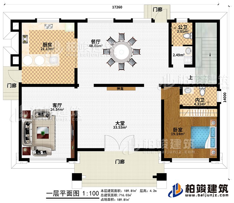 一层：3门廊、大堂、神龛、客厅、厨房、餐厅、公卫、内卫、卧室