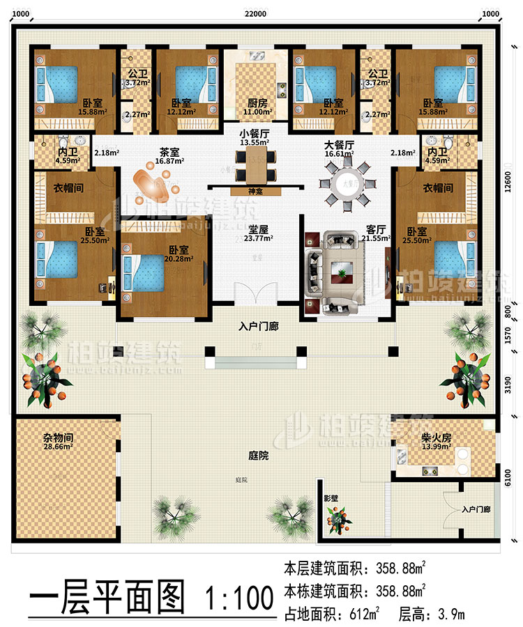 一层：2入户门廊、庭院、柴火房、杂物间、堂屋、神龛、客厅、厨房、小餐厅、大餐厅、茶室、2衣帽间、7卧室、2公卫、2内卫
